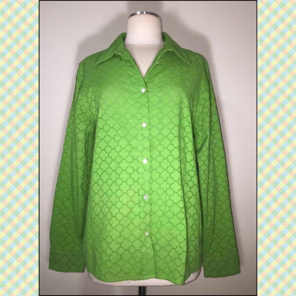 🍈🌿TALBOTS GREEN L. SLEEVE EYELET BLOUSE Sz L NWT🌵🥝